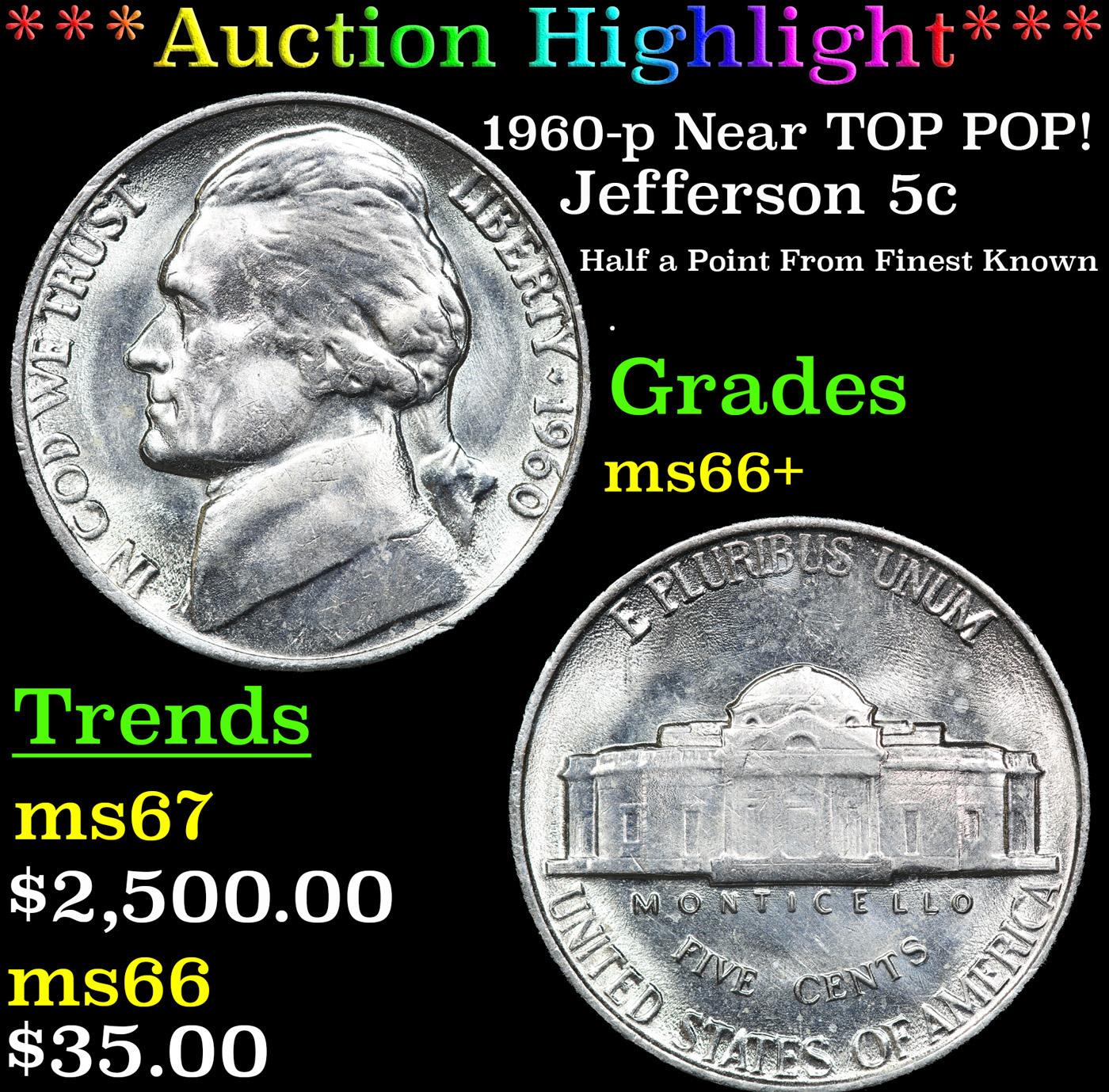 ***Auction Highlight*** 1960-p Jefferson Nickel Near TOP POP! 5c Graded GEM++ Unc By USCG (fc)