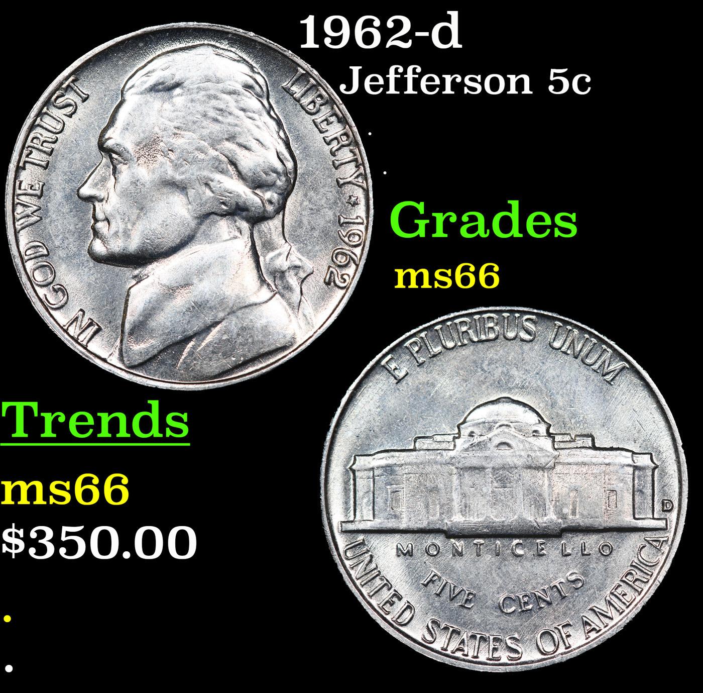 1962-d Jefferson Nickel 5c Grades GEM+ Unc