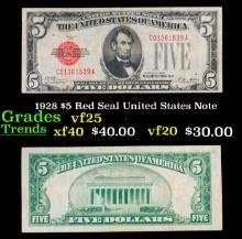 1928 $5 Red Seal United States Note Grades vf+