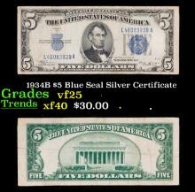 1934B $5 Blue Seal Silver Certificate Grades vf+