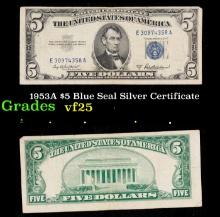 1953A $5 Blue Seal Silver Certificate Grades vf+