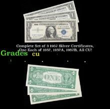 Complete Set of 3 1957 Silver Certificates, One Each of 1957, 1957A, 1957B, All CU! $1 Blue Seal Sil