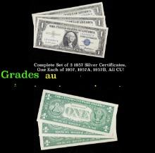 Complete Set of 3 1957 Silver Certificates, One Each of 1957, 1957A, 1957B, All CU! $1 Blue Seal Sil