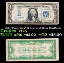 1934 "Funnyback" $1 Blue Seal Silver Certificate Grades vf+