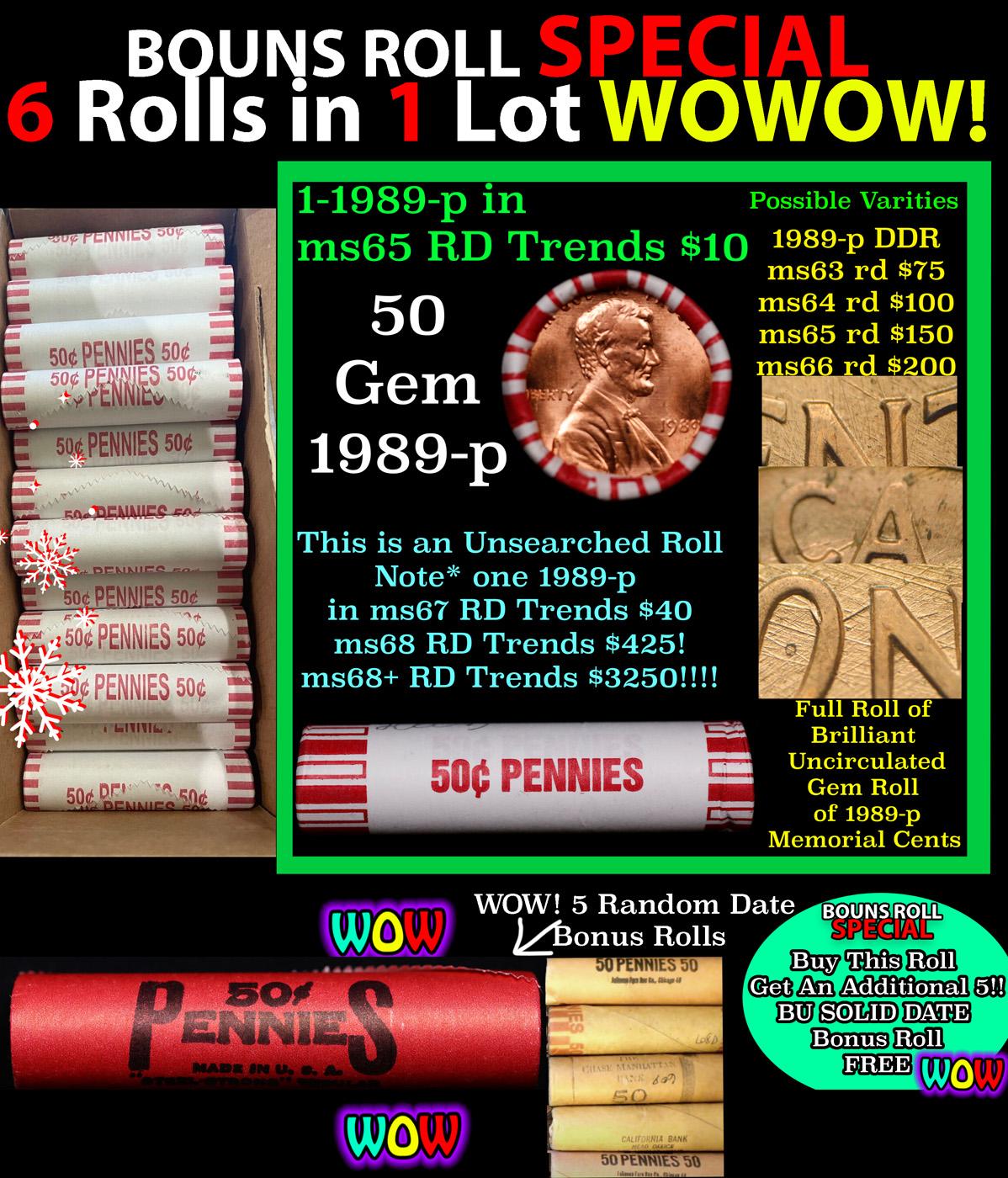 THIS AUCTION ONLY! BU Shotgun Lincoln 1c roll, 1989-p 50 pcs Plus FIVE bonus random date BU roll! Ba