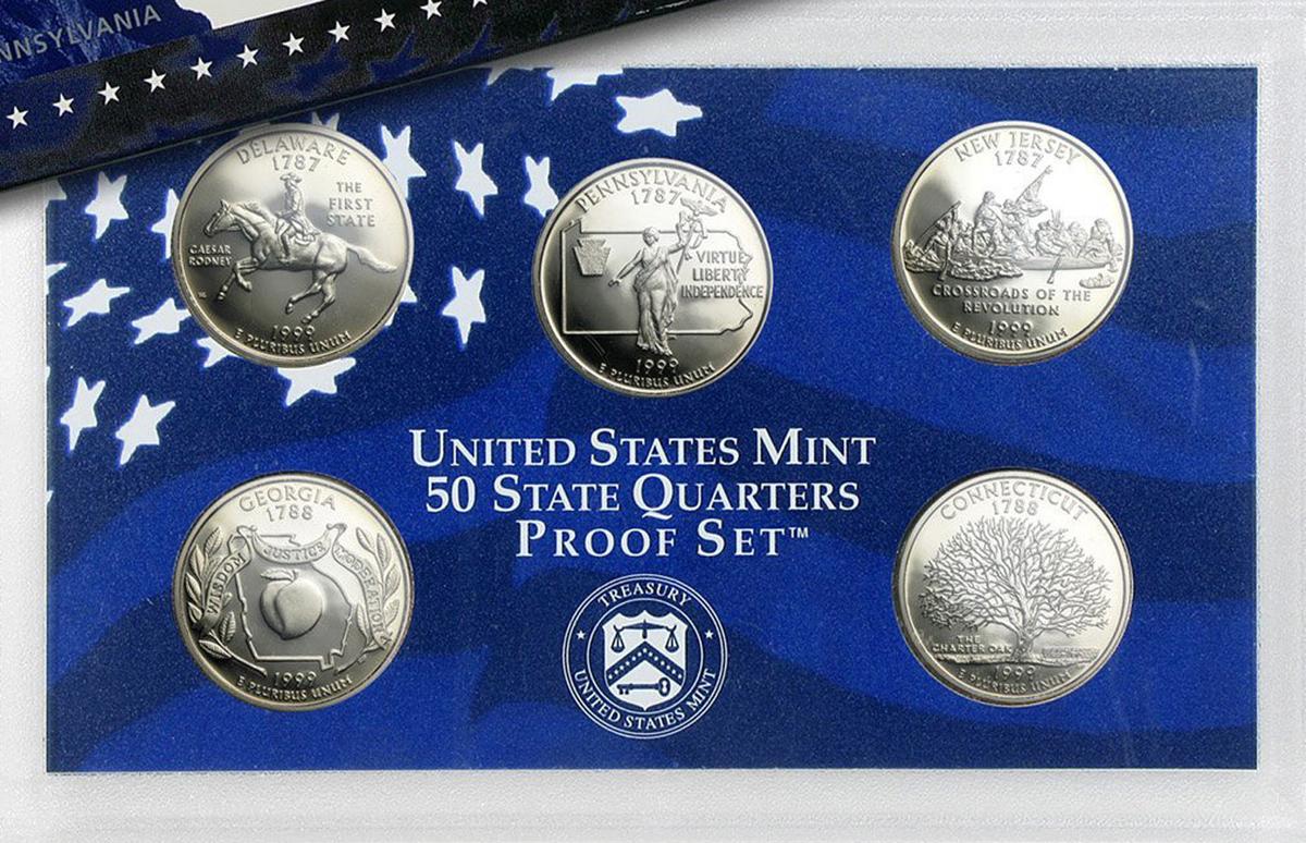 1999 United States Mint Proof Quarters 5 pc set No Outer Box