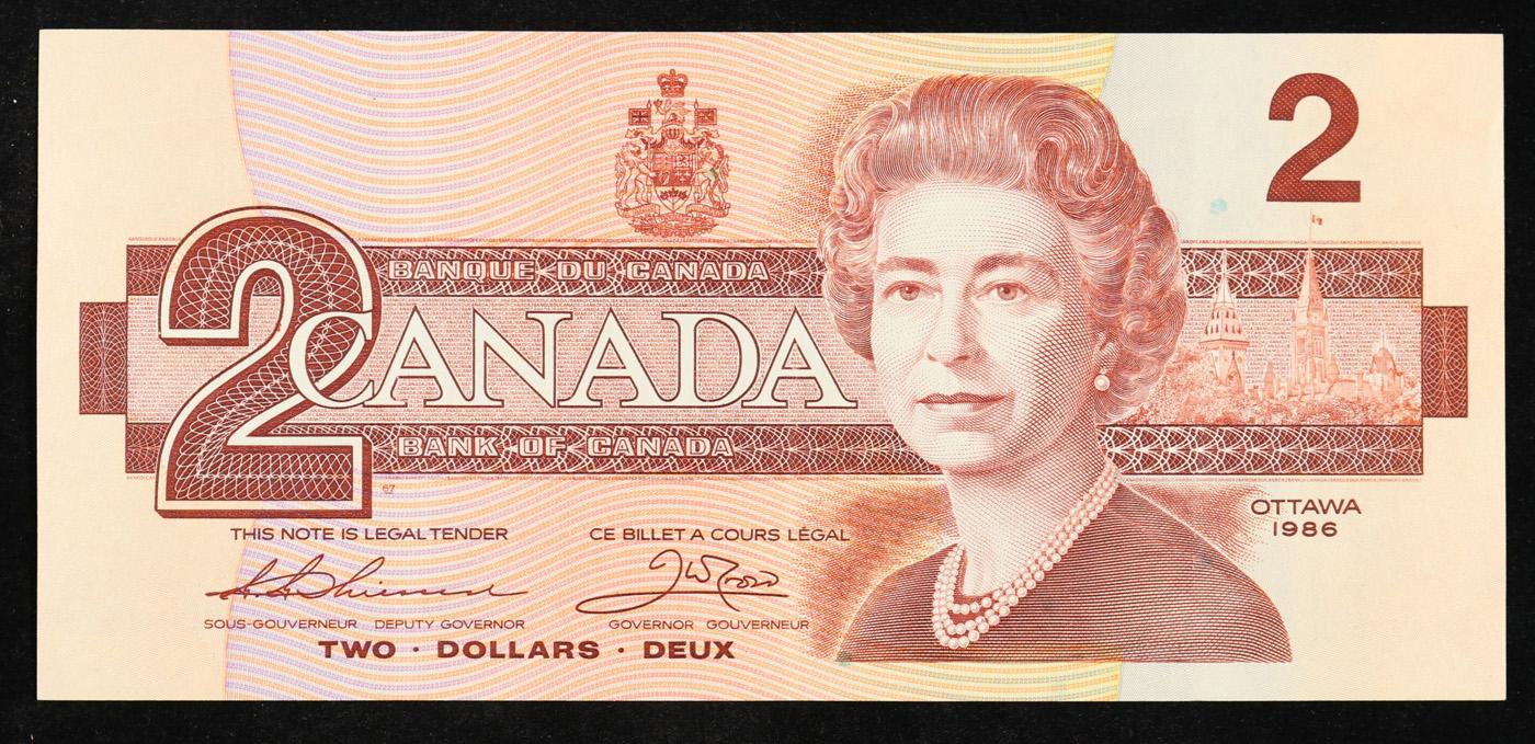 1986 Canada 2 Dollars Banknote P# 94b, Sig. Thiessen & Crow Grades Choice AU/BU Slider