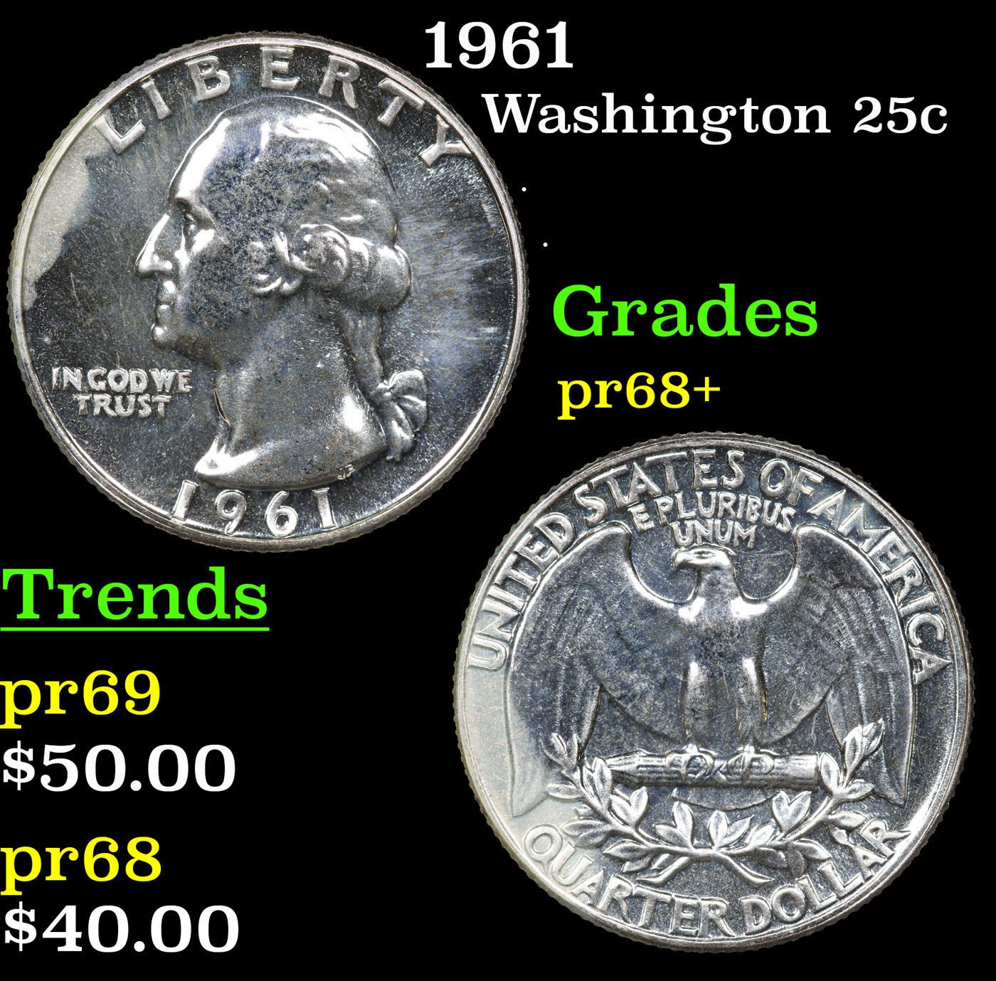 Proof 1961 Washington Quarter 25c Grades GEM++ Proof