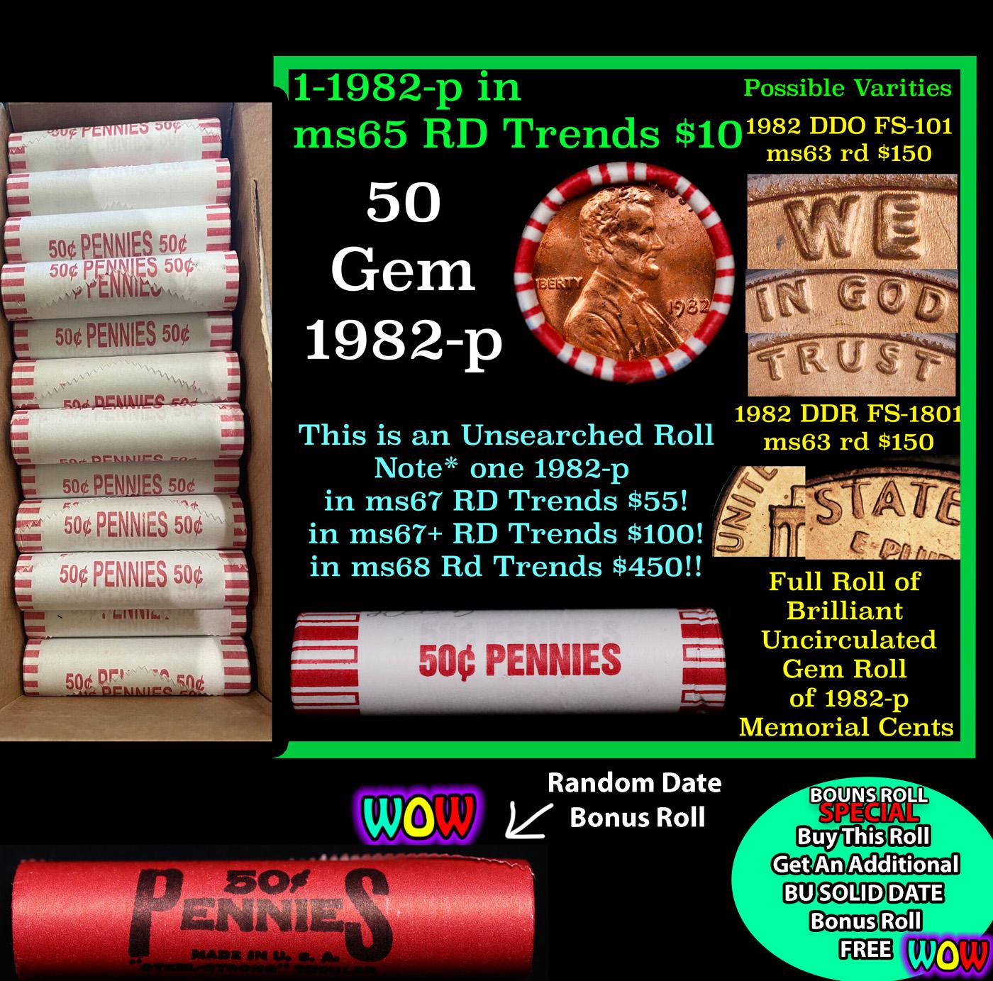 THIS AUCTION ONLY! BU Shotgun Lincoln 1c roll, 1982-p 50 pcs Plus one bonus random date BU roll! Ban