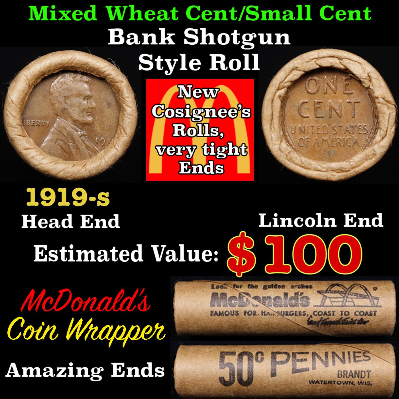 Lincoln Wheat Cent 1c Mixed Roll Orig Brandt McDonalds Wrapper, 1919-s end, Wheat other end