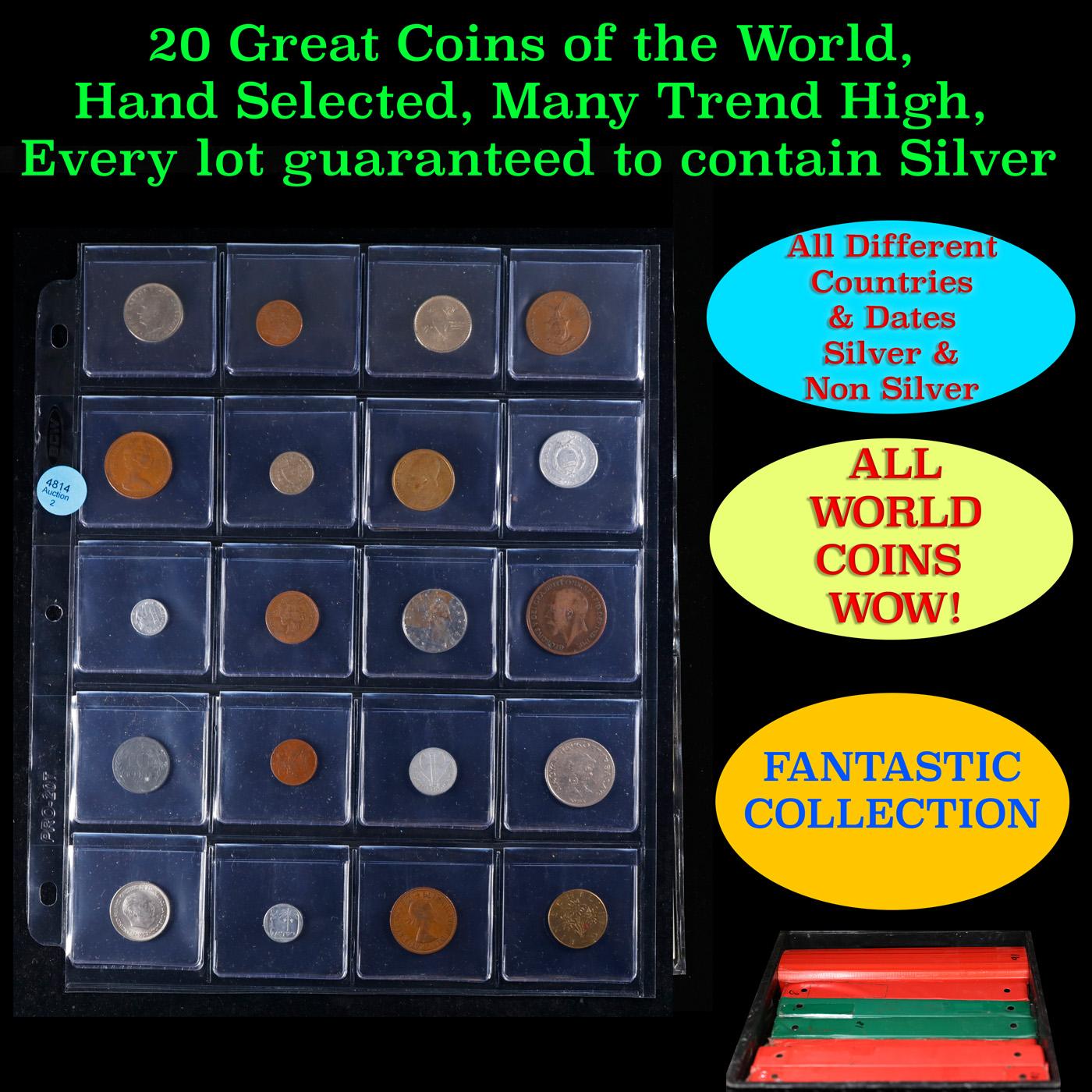 20 Great Coins of the World, hand selected, many trend high, every lot guaranteed to contain Silver.