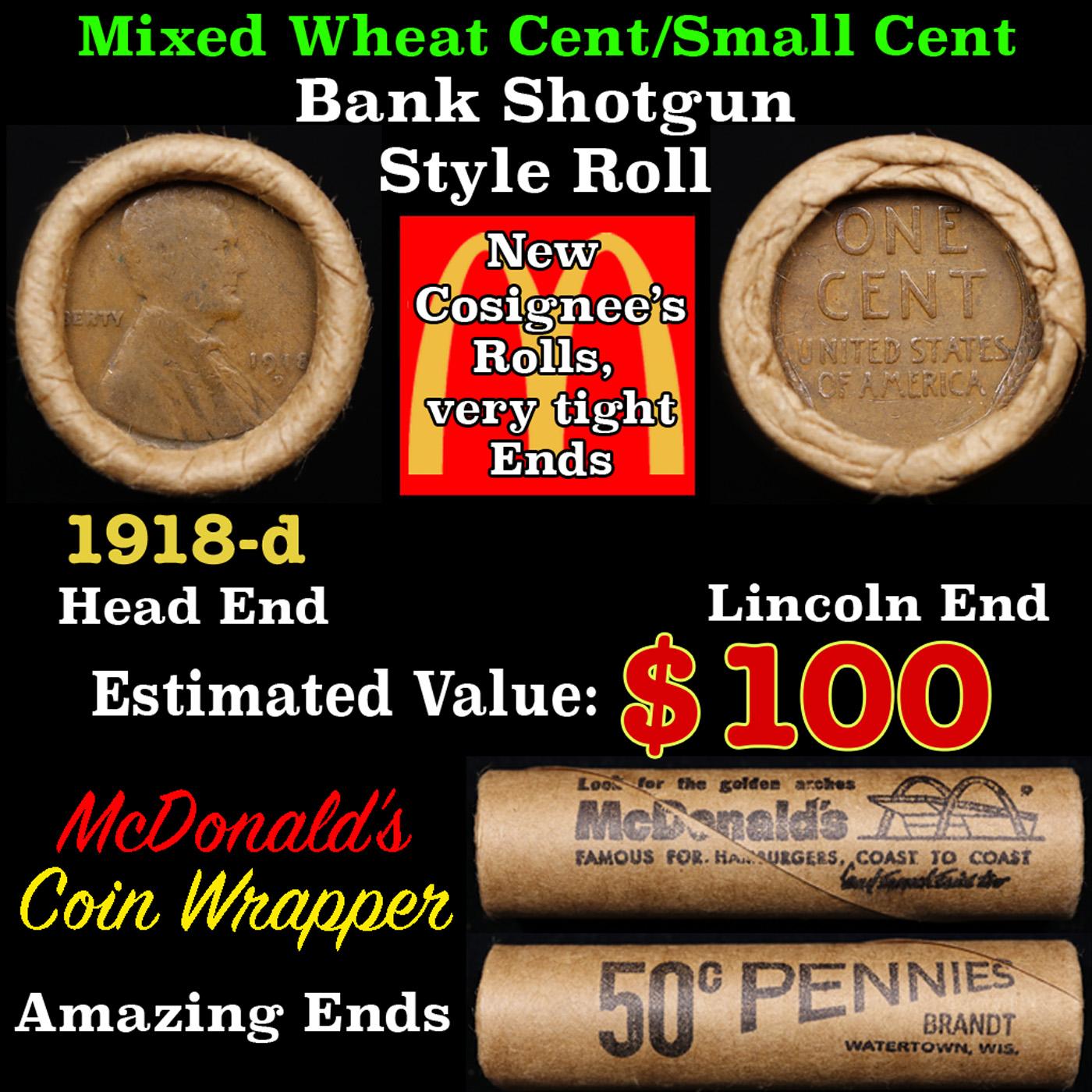 Lincoln Wheat Cent 1c Mixed Roll Orig Brandt McDonalds Wrapper, 1918-d end, Wheat other end