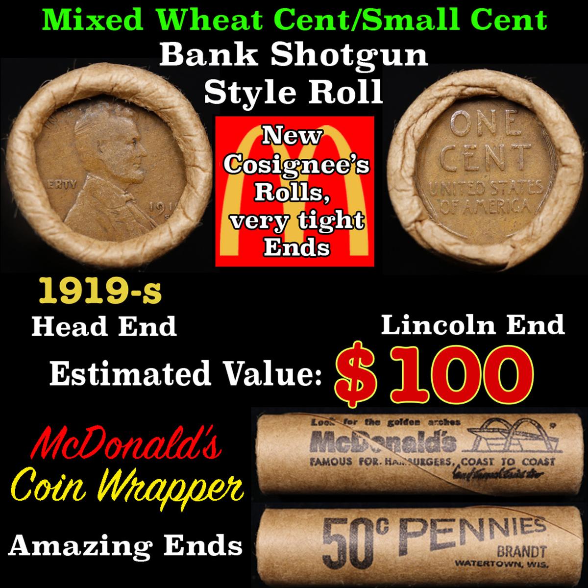 Lincoln Wheat Cent 1c Mixed Roll Orig Brandt McDonalds Wrapper, 1919-s end, Wheat other end