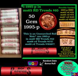 THIS AUCTION ONLY! BU Shotgun Lincoln 1c roll, 1995-p 50 pcs Plus one bonus random date BU roll! Ban