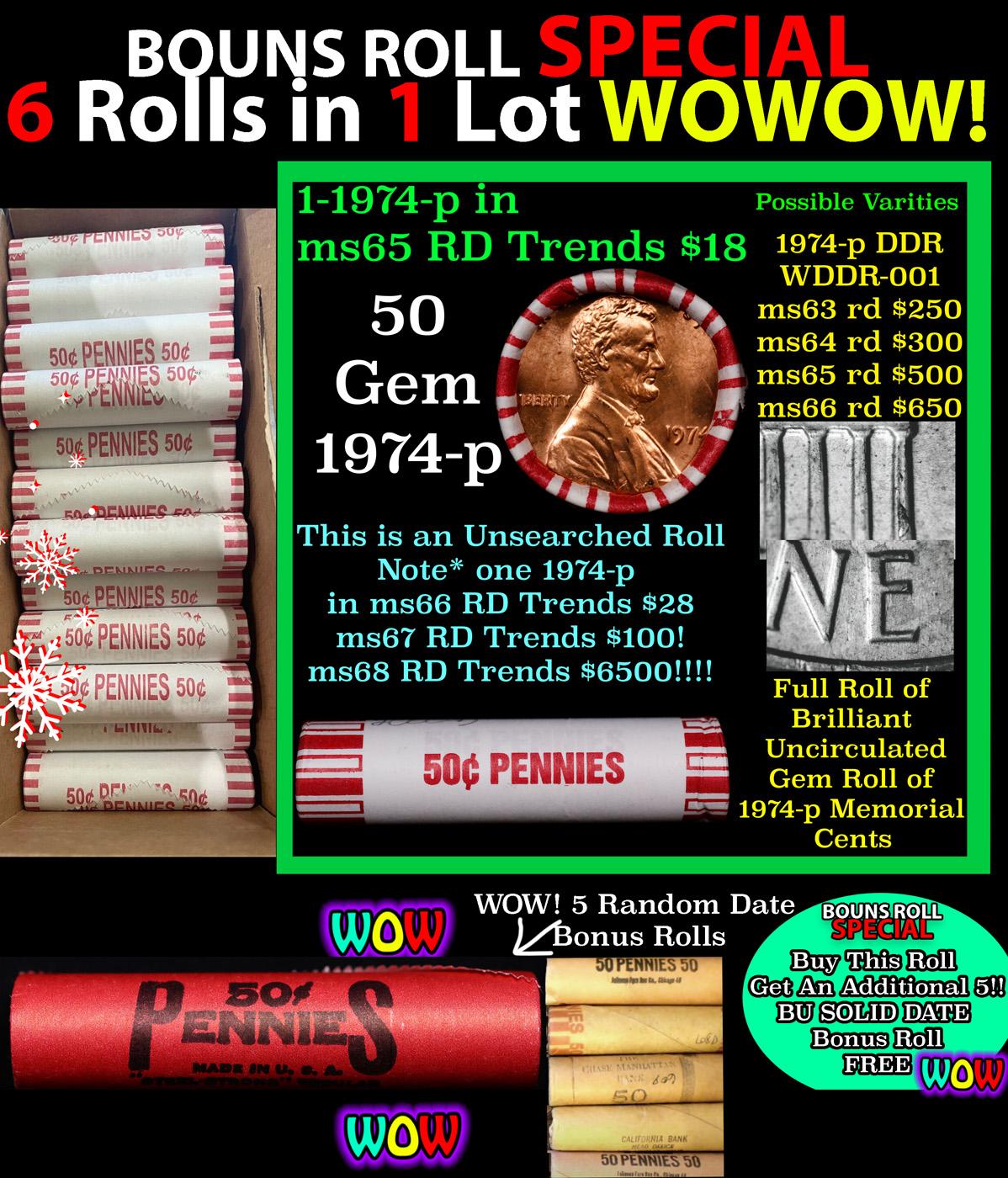 THIS AUCTION ONLY! BU Shotgun Lincoln 1c roll, 1974-p 50 pcs Plus FIVE bonus random date BU roll! Ba