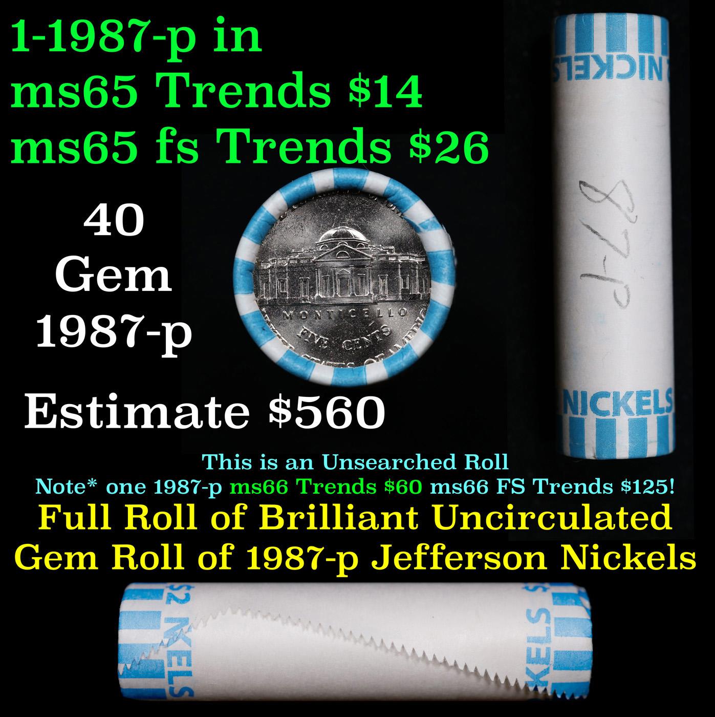 BU Shotgun Jefferson 5c roll, 1987-p 40 pcs Bank $2 Nickel Wrapper