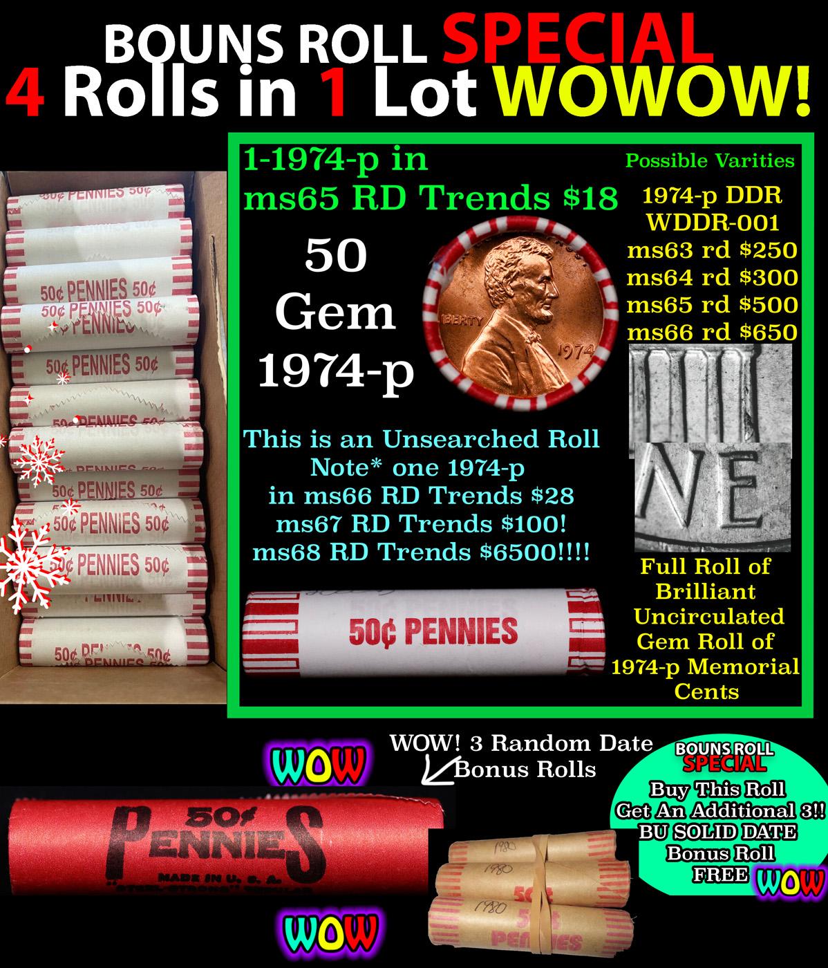 THIS AUCTION ONLY! BU Shotgun Lincoln 1c roll, 1974-p 50 pcs Plus THREE bonus random date BU roll! B