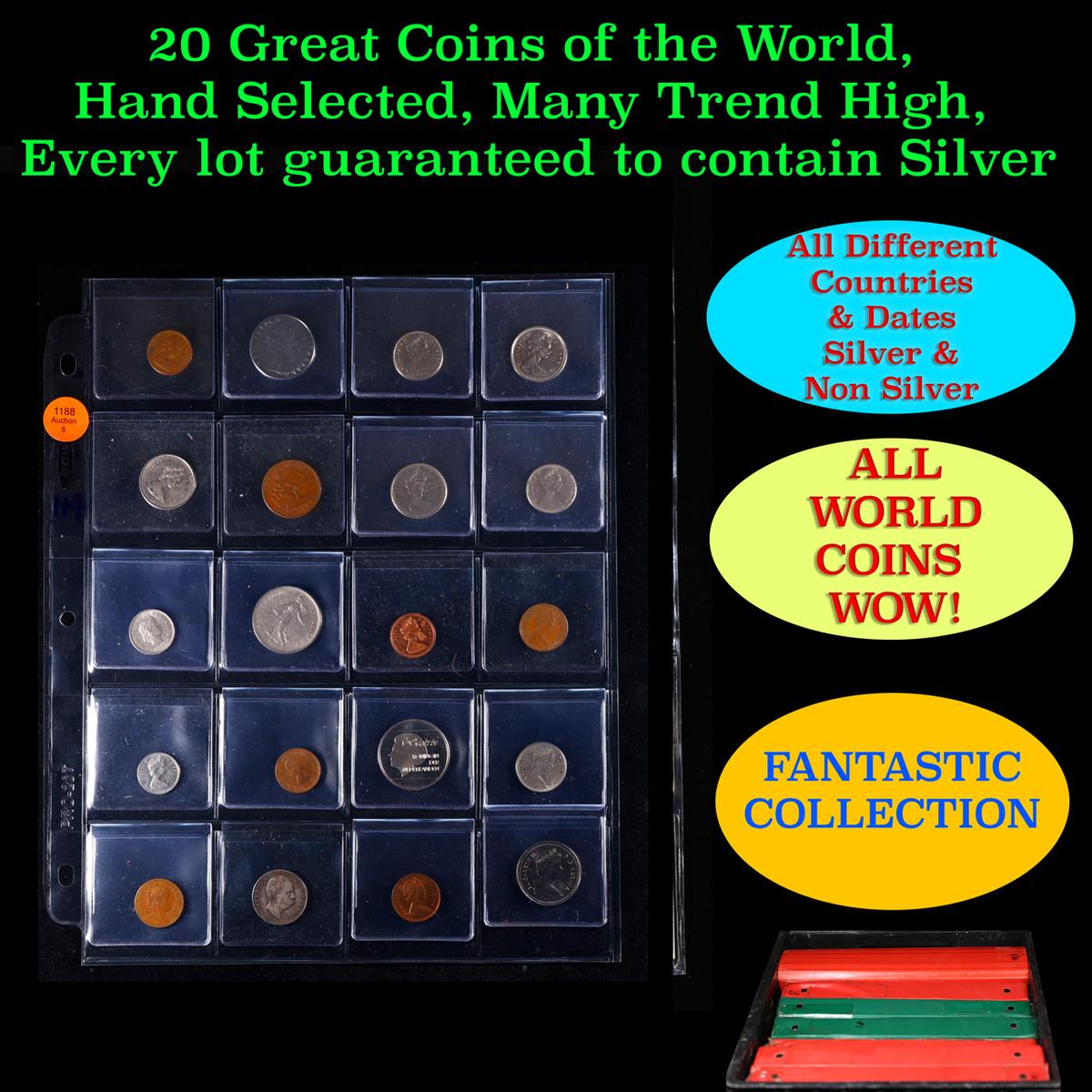 20 Great Coins of the World, hand selected, many trend high, every lot guaranteed to contain Silver.