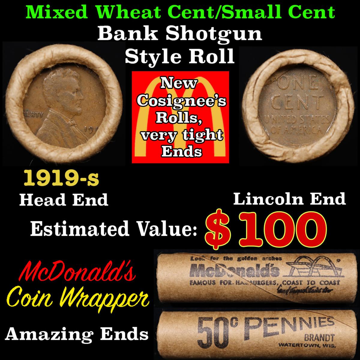 Lincoln Wheat Cent 1c Mixed Roll Orig Brandt McDonalds Wrapper, 1919-s end, Wheat other end