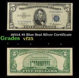 1953A $5 Blue Seal Silver Certificate Grades vf+