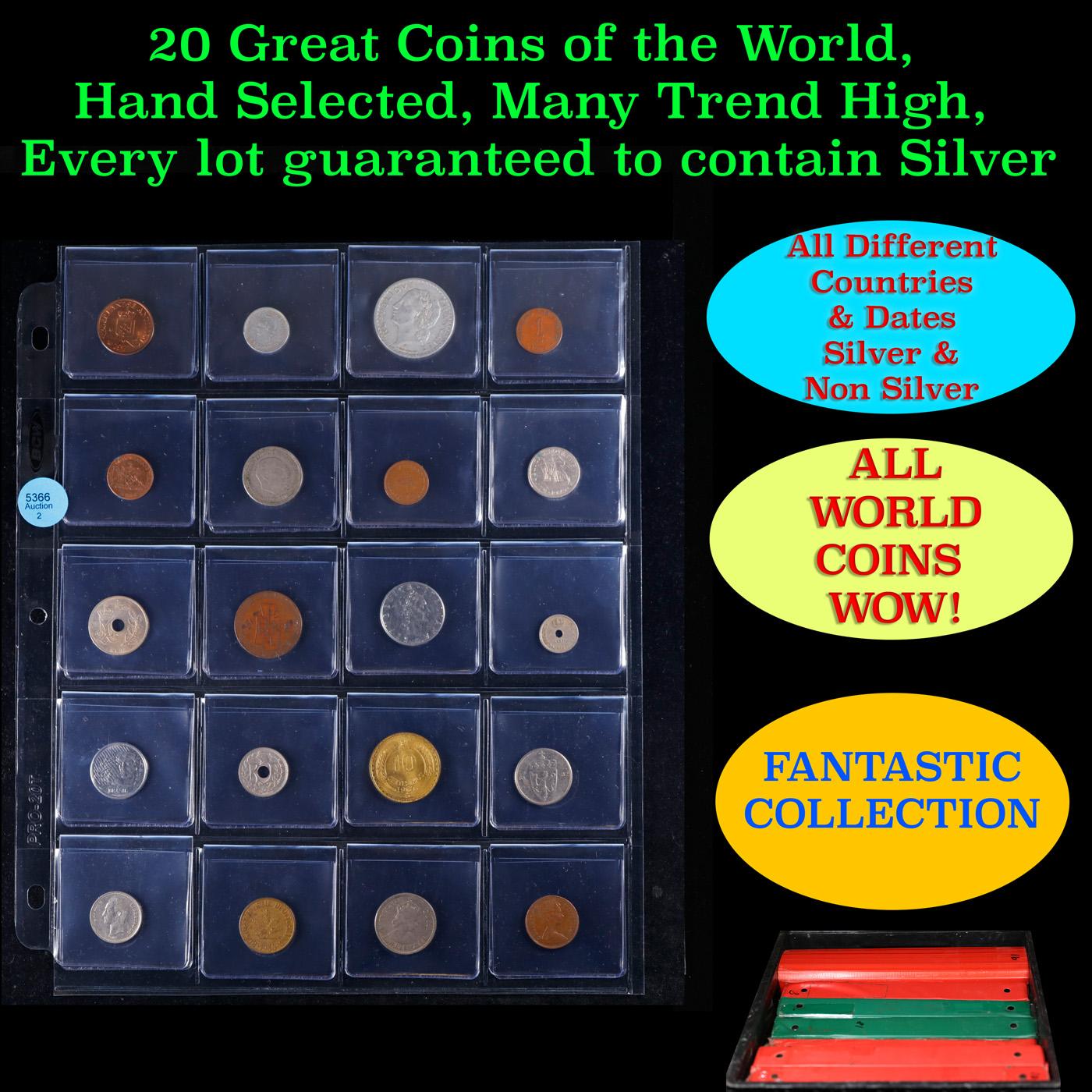 20 Great Coins of the World, hand selected, many trend high, every lot guaranteed to contain Silver.