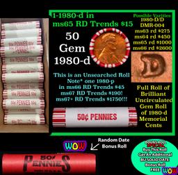 THIS AUCTION ONLY! BU Shotgun Lincoln 1c roll, 1980-d 50 pcs Plus one bonus random date BU roll! Ban