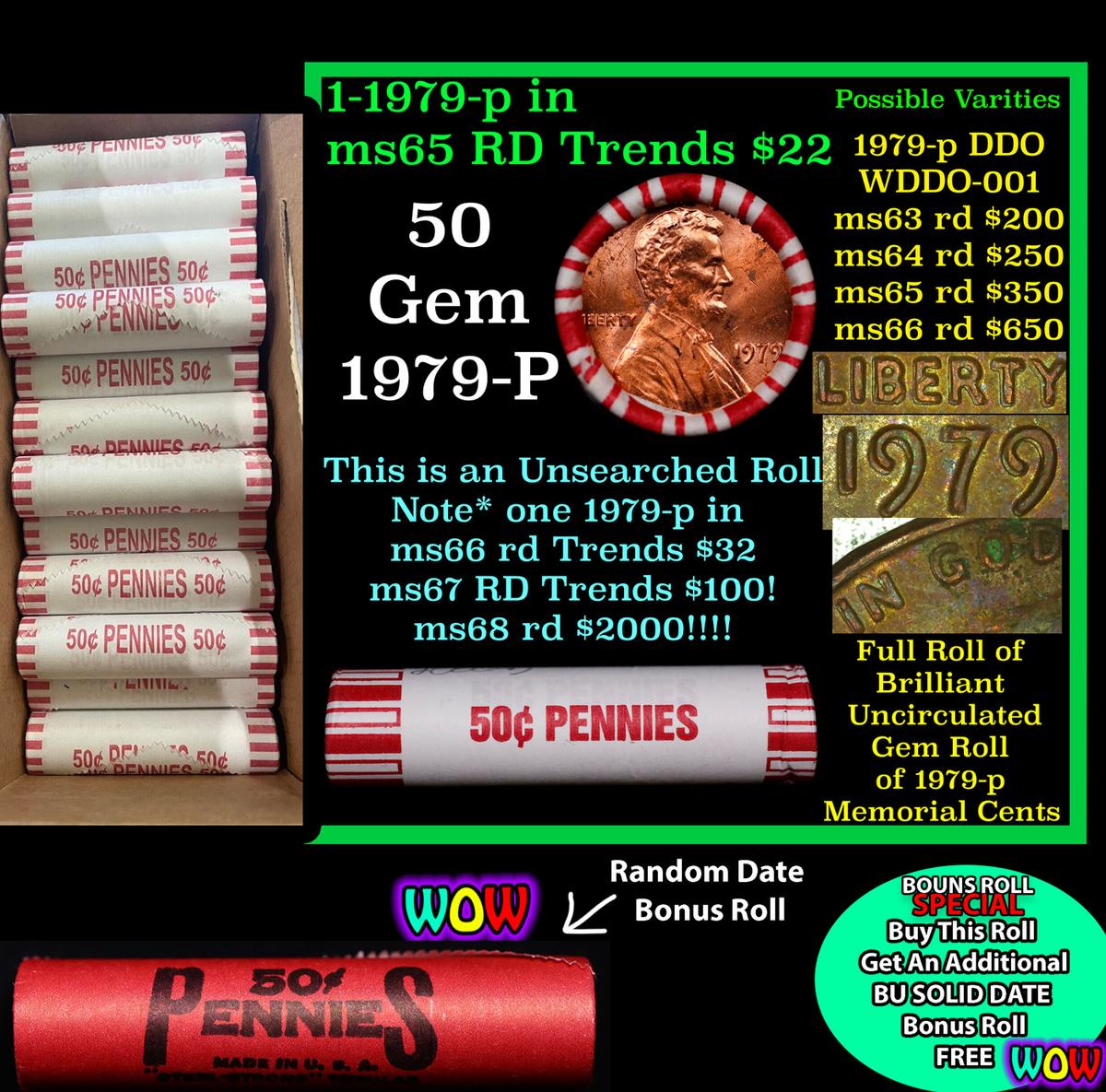 THIS AUCTION ONLY! BU Shotgun Lincoln 1c roll, 1979-p 50 pcs Plus one bonus random date BU roll! Ban