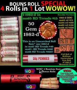 THIS AUCTION ONLY! BU Shotgun Lincoln 1c roll, 1982-d 50 pcs Plus THREE bonus random date BU roll! B