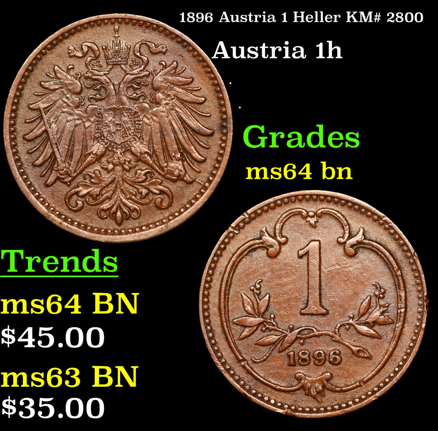 1896 Austria 1 Heller KM# 2800 Grades Choice Unc BN