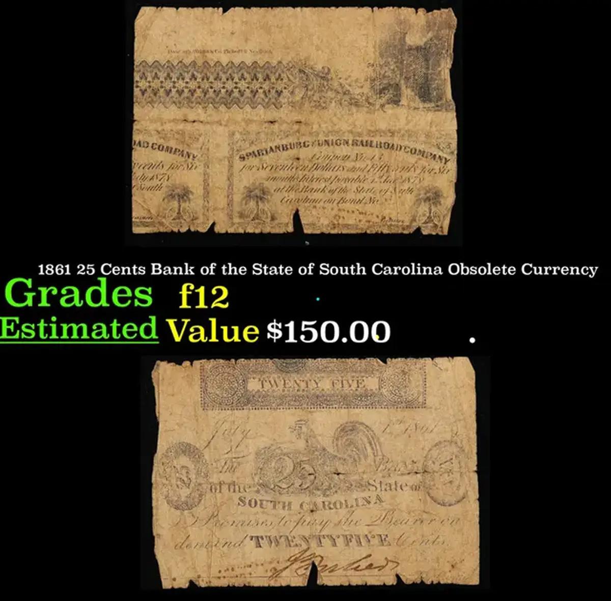 1861 25 Cents Bank of the State of South Carolina Obsolete Currency Grades f, fine