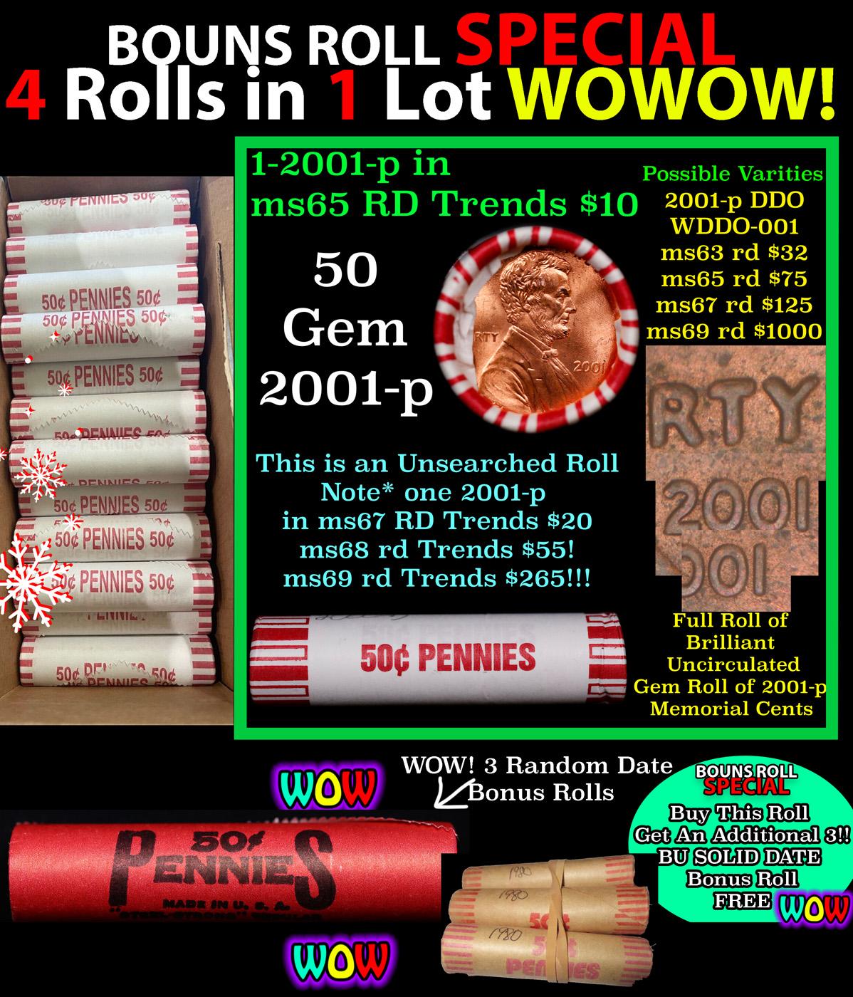 THIS AUCTION ONLY! BU Shotgun Lincoln 1c roll, 2001-p 50 pcs Plus THREE bonus random date BU roll! B