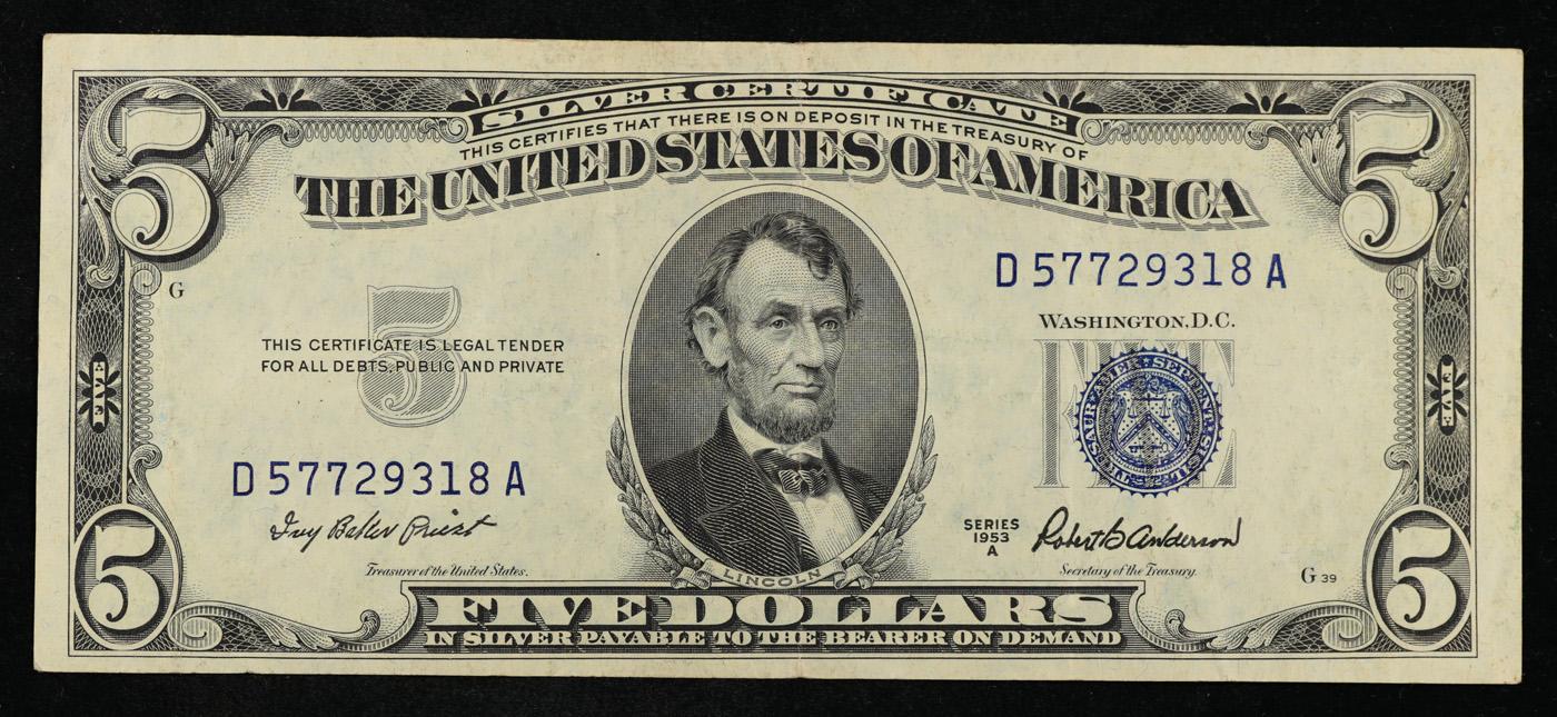 1953A $5 Blue Seal Silver Certificate Grades vf++