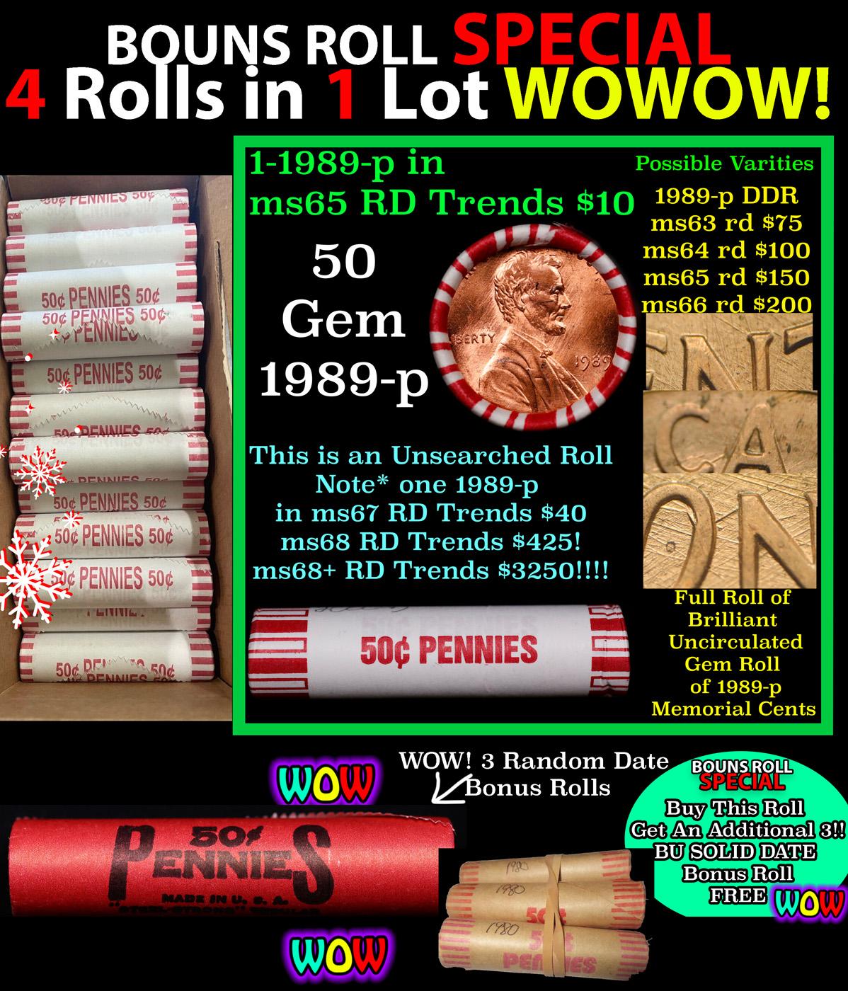 THIS AUCTION ONLY! BU Shotgun Lincoln 1c roll, 1989-p 50 pcs Plus THREE bonus random date BU roll! B