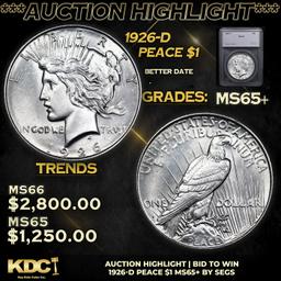 ***Auction Highlight*** 1926-d Peace Dollar 1 Graded ms65+ By SEGS (fc)