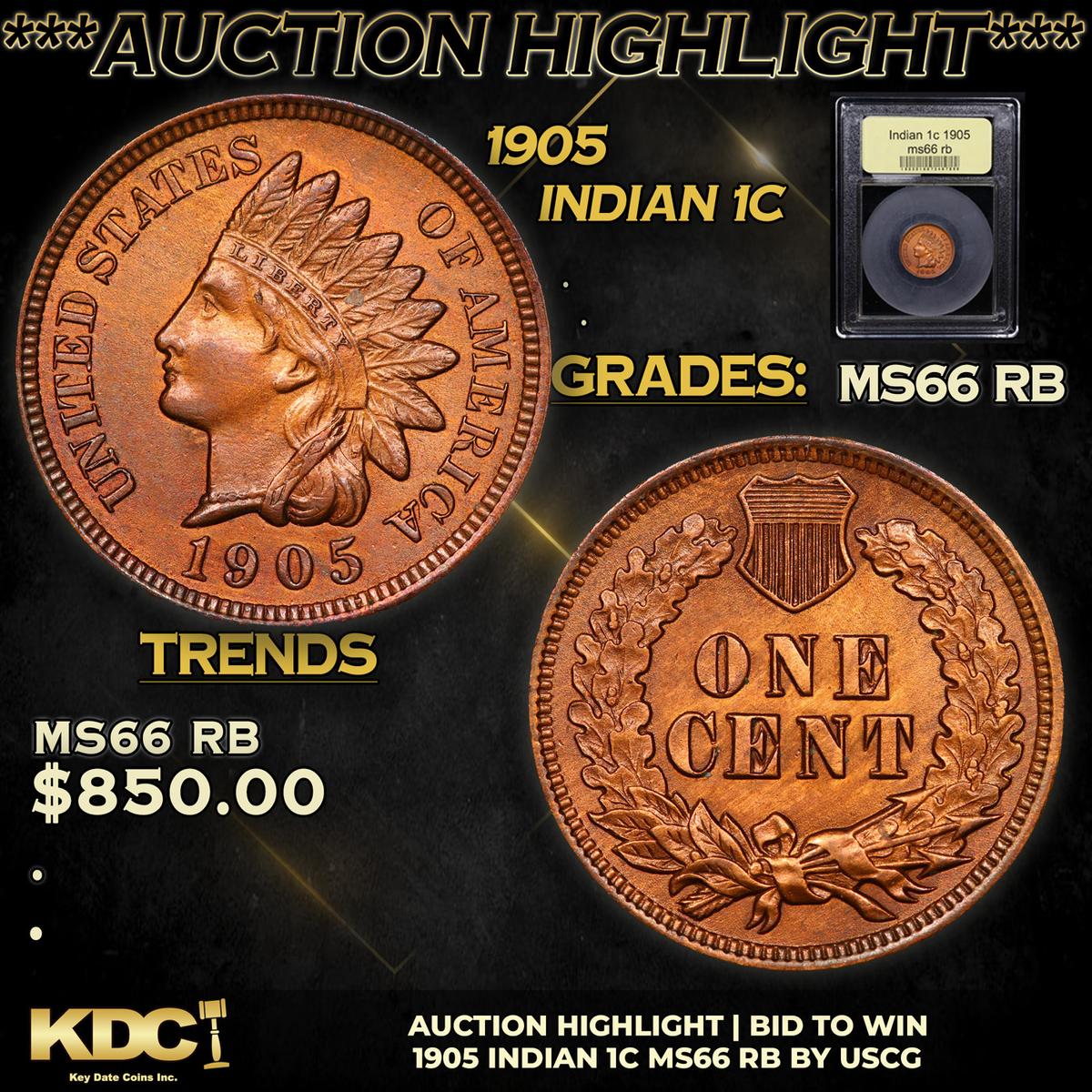 ***Auction Highlight*** 1905 Indian Cent 1c Graded GEM+ Unc RB By USCG (fc)