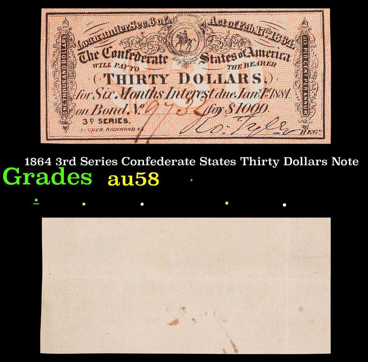 1864 3rd Series Confederate States Thirty Dollars Note Grades Choice AU/BU Slider