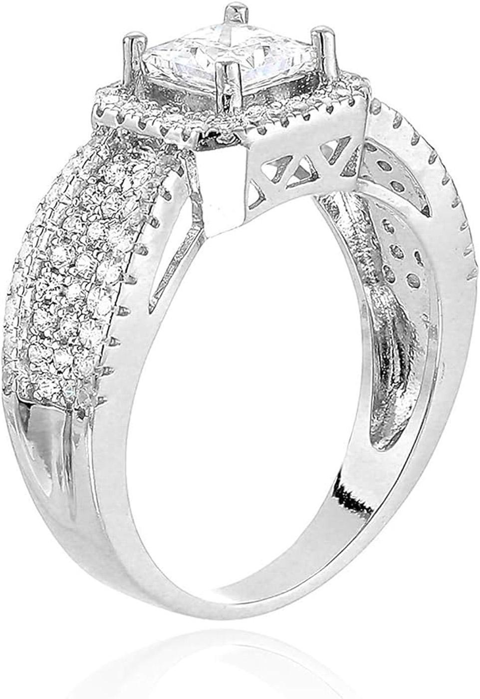 Decadence Sterling SIlver 5mm Princess Cut Engagement Ring With Indented PAve Band Size 9