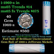 BU Shotgun Jefferson 5c roll, 1969-s 40 pcs Bank $2 Nickel Wrapper