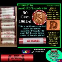 THIS AUCTION ONLY! BU Shotgun Lincoln 1c roll, 1962-d 50 pcs Plus one bonus random date BU roll! Ban