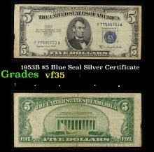 1953B $5 Blue Seal Silver Certificate Grades vf++