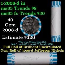 BU Shotgun Jefferson 5c roll, 2008-d 40 pcs Bank $2 Nickel Wrapper