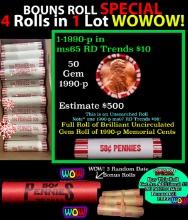 THIS AUCTION ONLY! BU Shotgun Lincoln 1c roll, 1990-p 50 pcs Plus THREE bonus random date BU roll! B