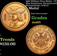 1882 William Penn Medal - US Mint Employees, Pennsylvania Bi-Centennial J-CM-42 Grades GEM Unc
