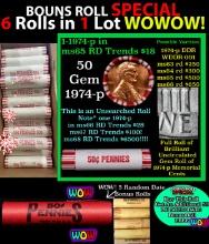 THIS AUCTION ONLY! BU Shotgun Lincoln 1c roll, 1974-p 50 pcs Plus FIVE bonus random date BU roll! Ba