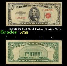 1953B $5 Red Seal United States Note Grades vf+