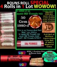 THIS AUCTION ONLY! BU Shotgun Lincoln 1c roll, 1980-d 50 pcs Plus THREE bonus random date BU roll! B