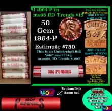 THIS AUCTION ONLY! BU Shotgun Lincoln 1c roll, 1964-p 50 pcs Plus one bonus random date BU roll! Ban