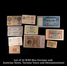 Lot of 10 WWI Era German and Austrian Notes, Various Years and Denominations! Grades