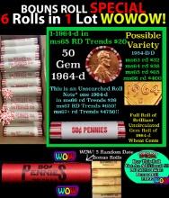 THIS AUCTION ONLY! BU Shotgun Lincoln 1c roll, 1964-d 50 pcs Plus FIVE bonus random date BU roll! Ba