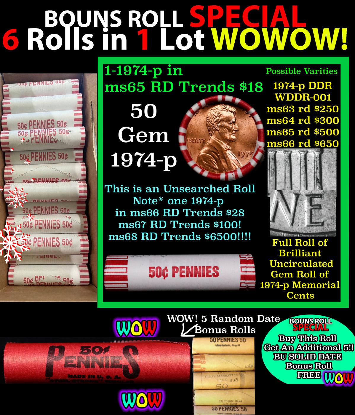 THIS AUCTION ONLY! BU Shotgun Lincoln 1c roll, 1974-p 50 pcs Plus FIVE bonus random date BU roll! Ba